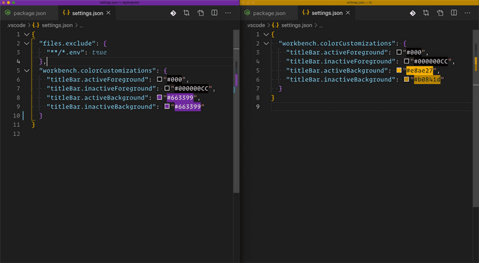 Multiple Visual Studio Code windows with unique colors for the top window bar